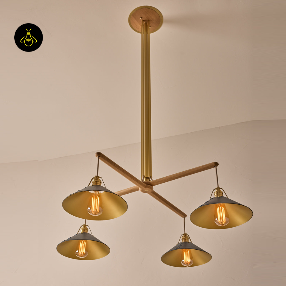 Oak & Leather Wooden Chandelier – Brass Poles & E27 Holder | Wooden Chandelier for Living & Dining | Jagmag Lights