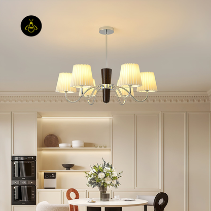 Shadalia Chandelier with White Fabric Shades | Walnut & Chrome Finish | Jagmag Lights