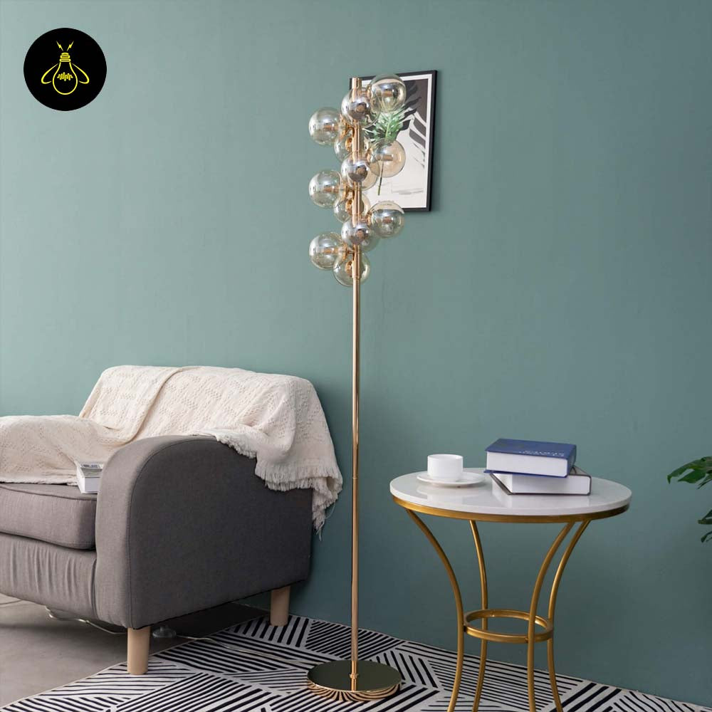 Gilded Stainless Steel Floor Lamp – Amber Glass Spheres | Gilded Floor Lamp for Living Rooms, Bedrooms | Jagmag Lights