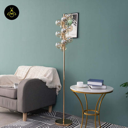 Gilded Stainless Steel Floor Lamp – Amber Glass Spheres | Gilded Floor Lamp for Living Rooms, Bedrooms | Jagmag Lights