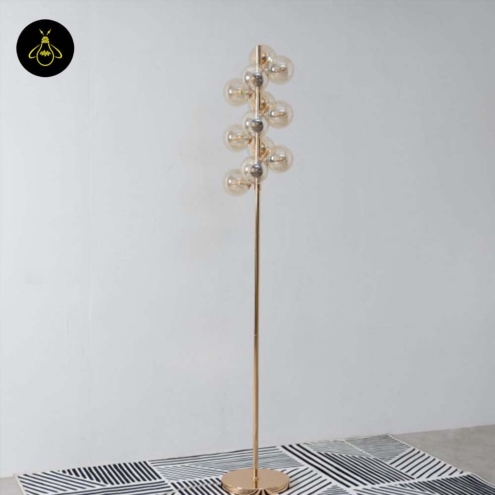 Gilded Stainless Steel Floor Lamp – Amber Glass Spheres | Gilded Floor Lamp for Living Rooms, Bedrooms | Jagmag Lights