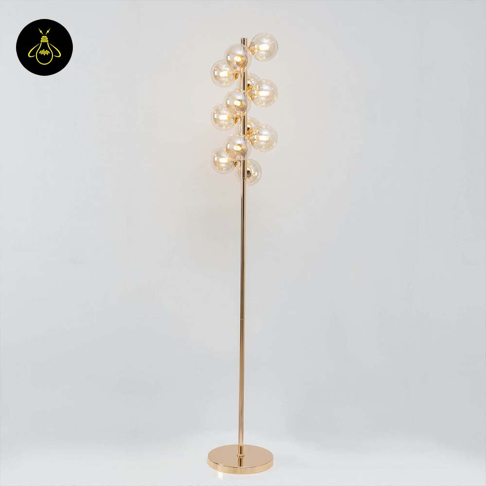 Gilded Stainless Steel Floor Lamp – Amber Glass Spheres | Gilded Floor Lamp for Living Rooms, Bedrooms | Jagmag Lights