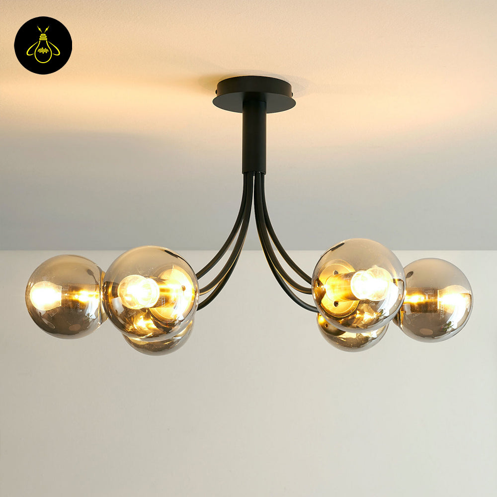 Stainless Steel & Glass Ceiling Lamp – Chic Black Six-Ball Design | Decorative Lighting for Living Rooms | Jagmag Lights