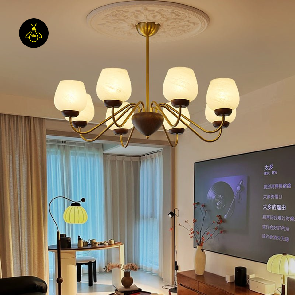 Aurorium Hallway Chandelier with Globe Glass Shades | Gold & Walnut Finish | Jagmag Lights