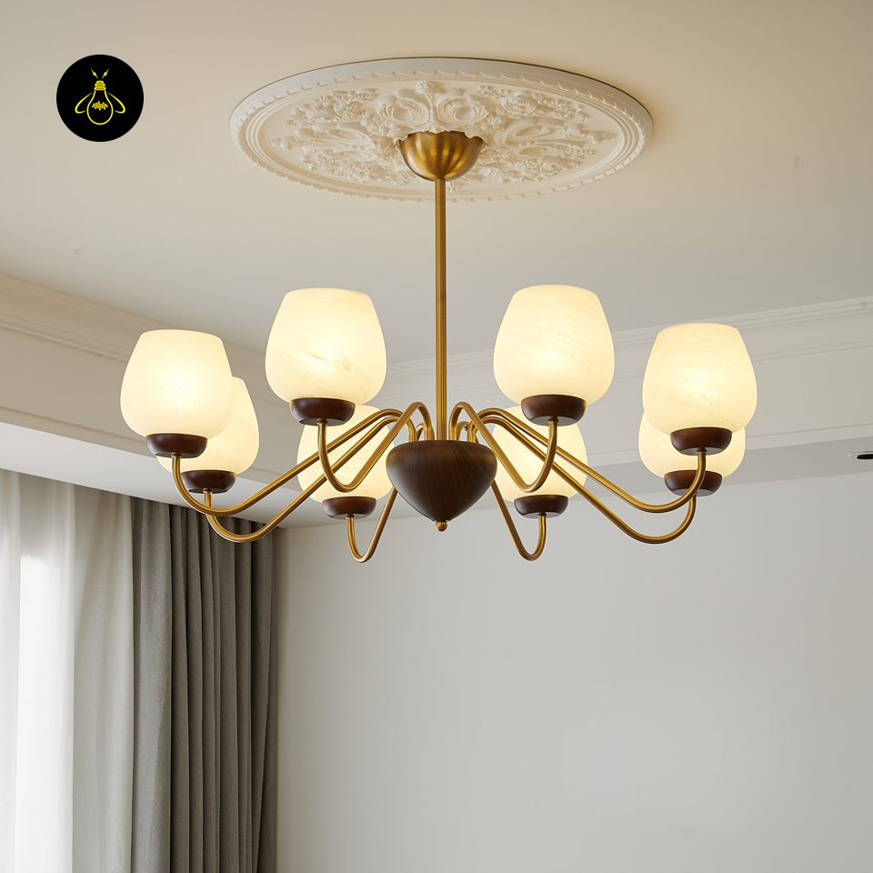 Aurorium Hallway Chandelier with Globe Glass Shades | Gold & Walnut Finish | Jagmag Lights