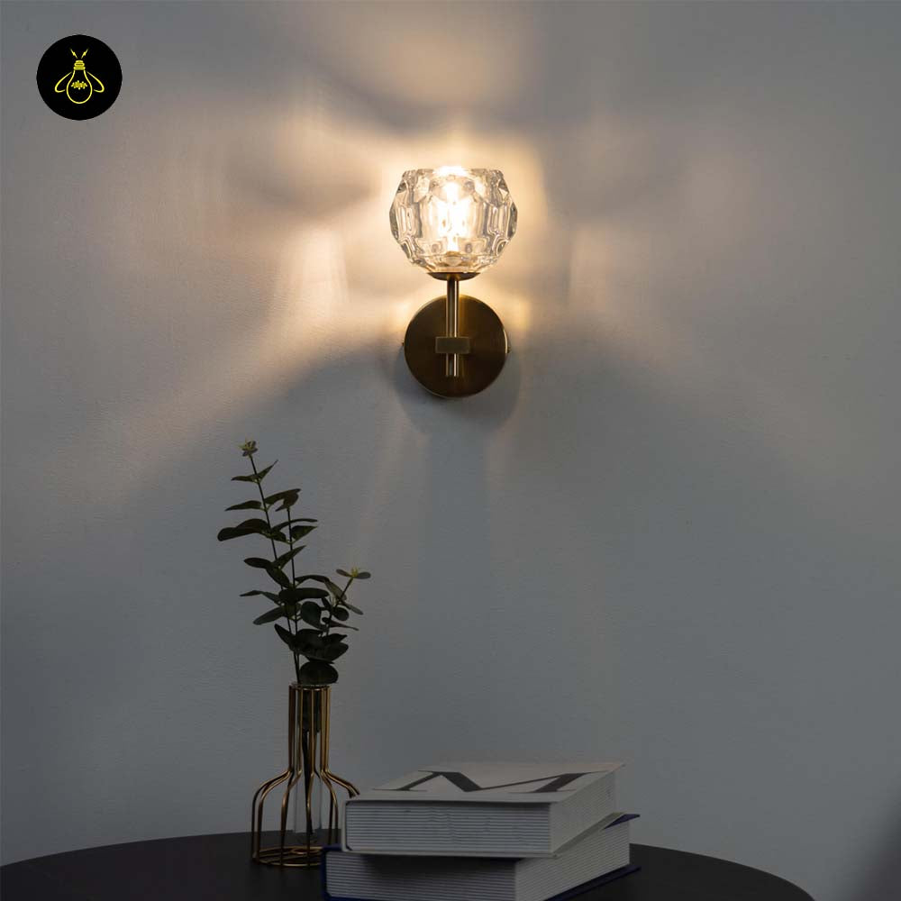 Gold Metal & Glass Wall Lamp – Geometric Clear Finish | Decorative Lighting for Living Room, Bedroom, Hallway | Jagmag Lights