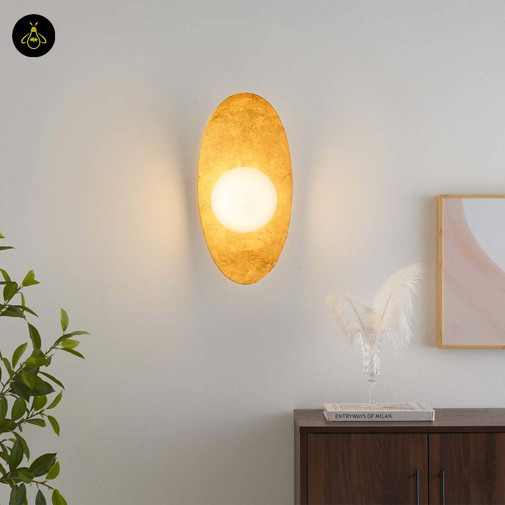 Gold Leaf Metal & Glass Wall Light – Oval Design | LED Wall Lighting for Living Room, Bedroom, Hallway | Jagmag Lights