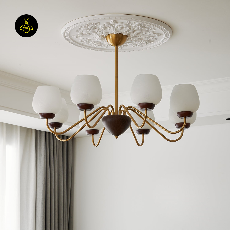Aurorium Hallway Chandelier with Globe Glass Shades | Gold & Walnut Finish | Jagmag Lights