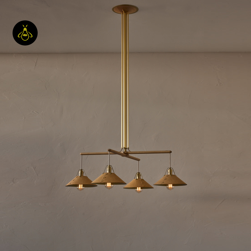 Oak & Leather Wooden Chandelier – Brass Poles & E27 Holder | Wooden Chandelier for Living & Dining | Jagmag Lights