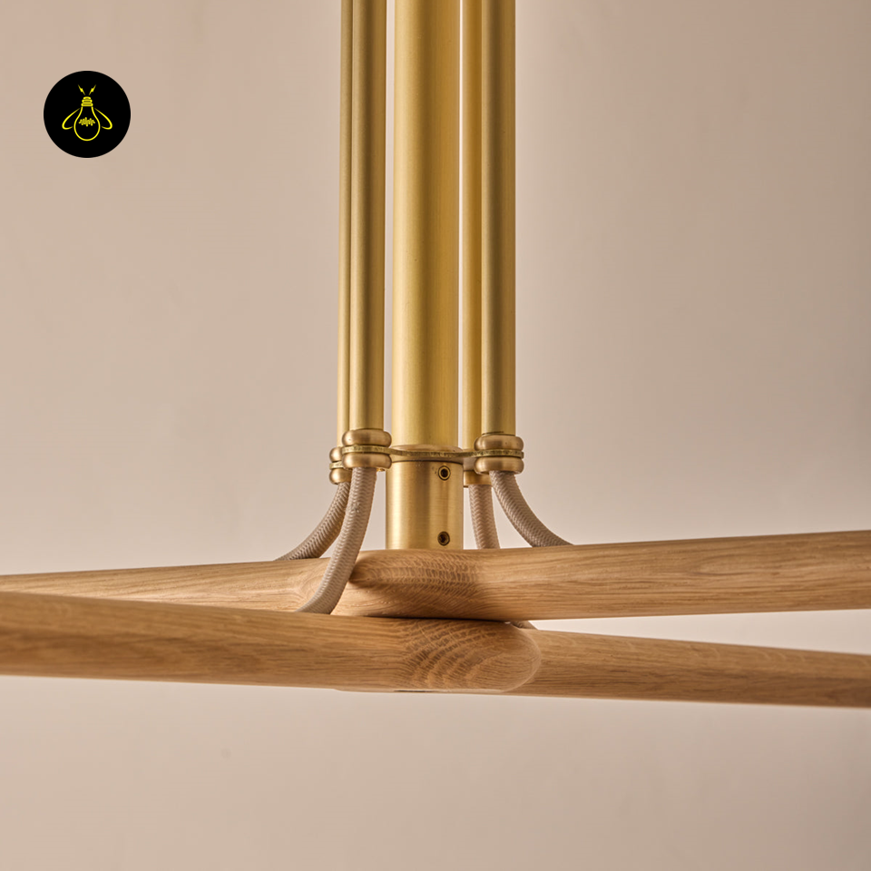 Oak & Leather Wooden Chandelier – Brass Poles & E27 Holder | Wooden Chandelier for Living & Dining | Jagmag Lights