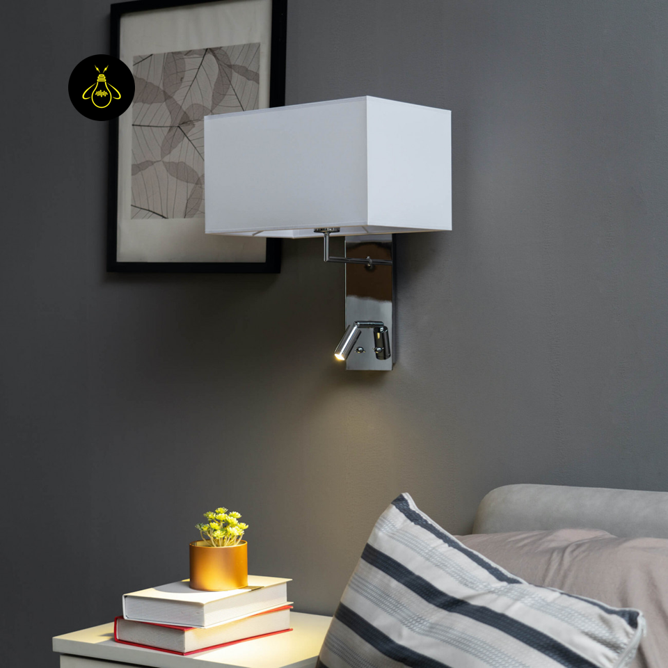 Chrome Reading Wall Light – Bedside Sconce with LED & Fabric Shade | Jagmag Lights