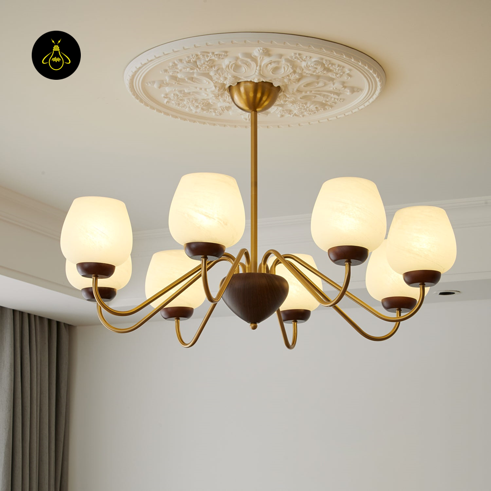 Aurorium Hallway Chandelier with Globe Glass Shades | Gold & Walnut Finish | Jagmag Lights