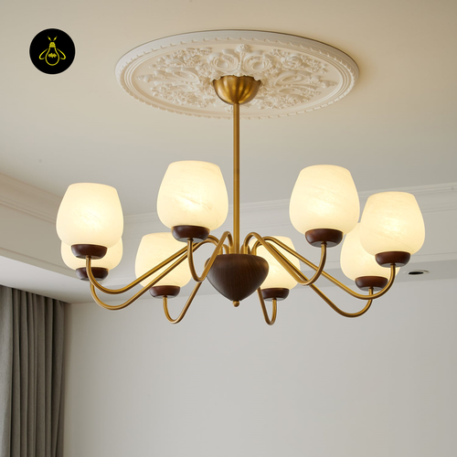Aurorium Hallway Chandelier with Globe Glass Shades | Gold & Walnut Finish | Jagmag Lights