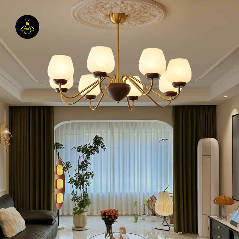 Aurorium Hallway Chandelier with Globe Glass Shades | Gold & Walnut Finish | Jagmag Lights