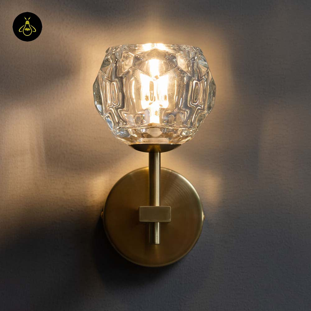 Gold Metal & Glass Wall Lamp – Geometric Clear Finish | Decorative Lighting for Living Room, Bedroom, Hallway | Jagmag Lights