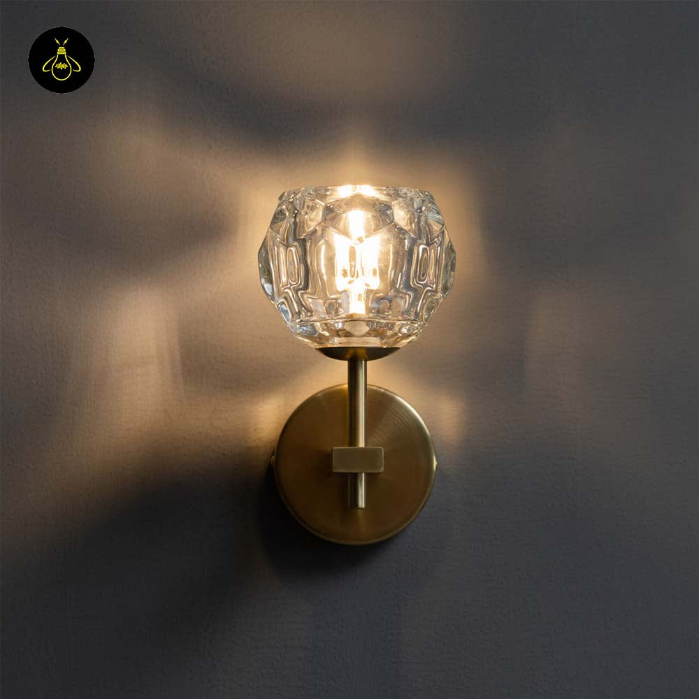 Gold Metal & Glass Wall Lamp – Geometric Clear Finish | Decorative Lighting for Living Room, Bedroom, Hallway | Jagmag Lights
