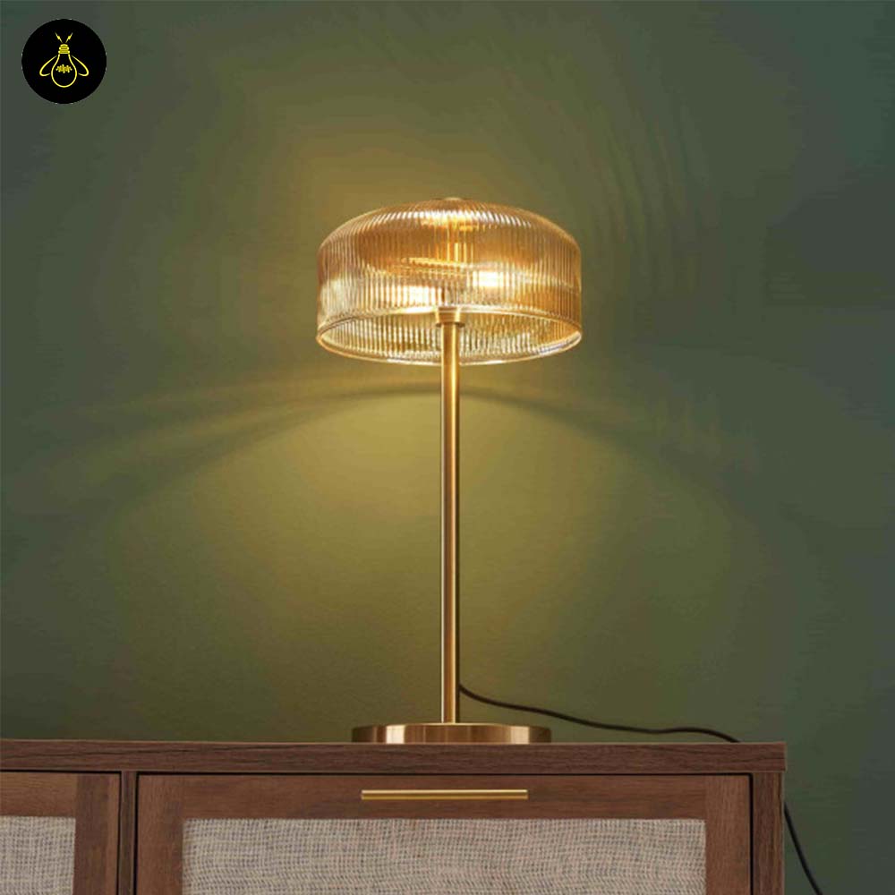 Brass and Ribbed Amber Glass Table Lamp – Vintage Design | Vintage Table Lamp for Living Room, Bedroom | Jagmag Lights