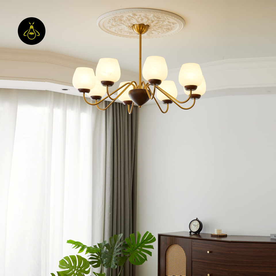 Aurorium Hallway Chandelier with Globe Glass Shades | Gold & Walnut Finish | Jagmag Lights