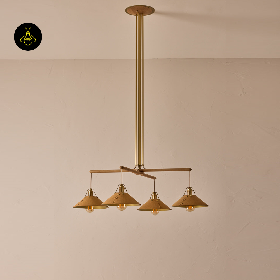 Oak & Leather Wooden Chandelier – Brass Poles & E27 Holder | Wooden Chandelier for Living & Dining | Jagmag Lights