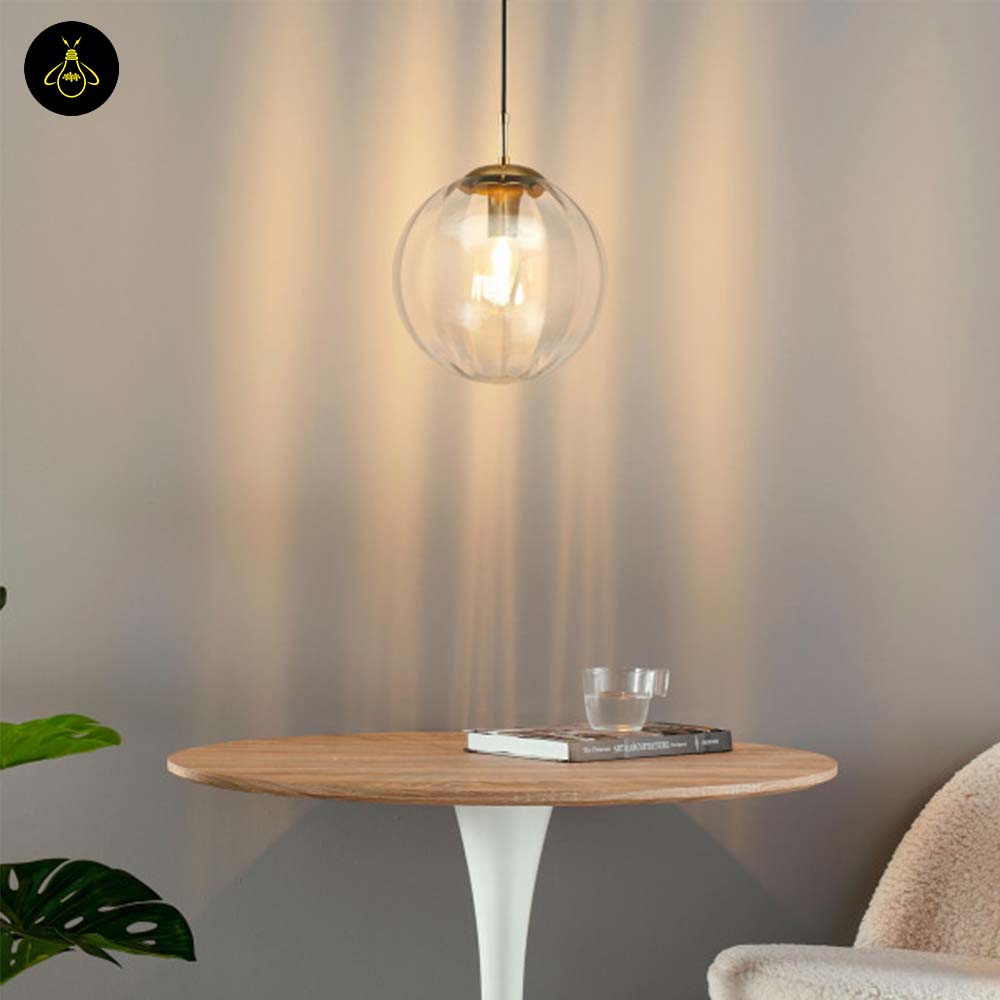 Glass Suspension Ball Pendant – Ribbed Smoked Finish | Decorative Pendant for Living & Dining Rooms | Jagmag Lights