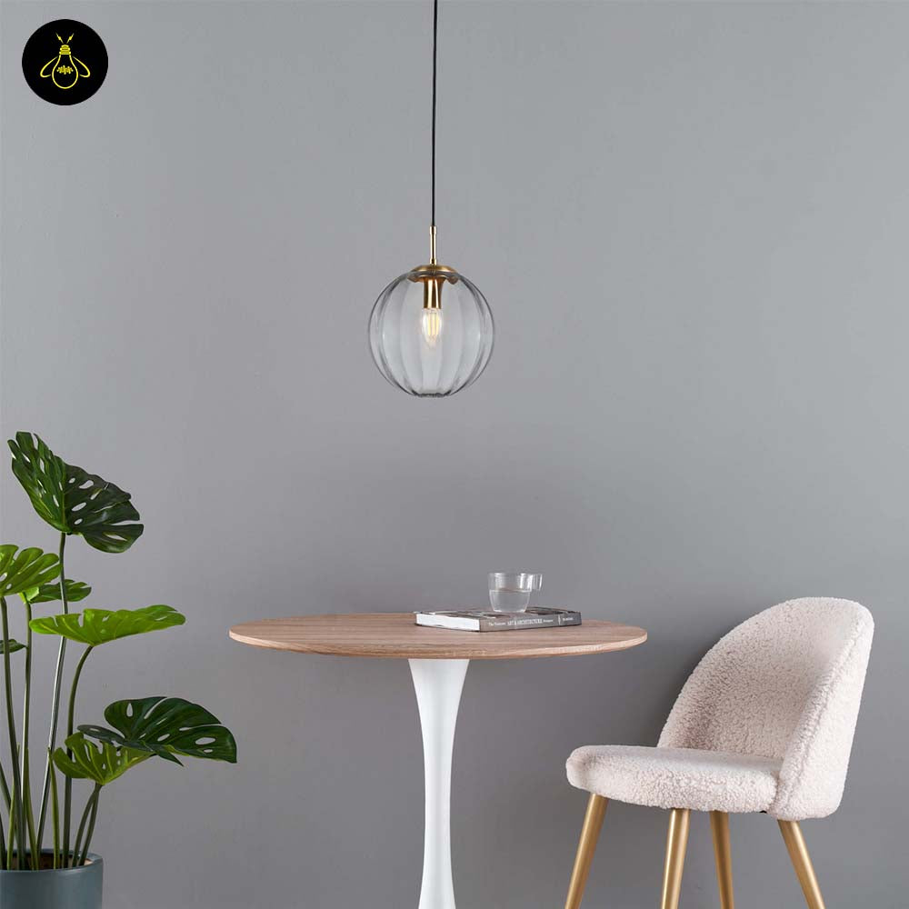 Glass Suspension Ball Pendant – Ribbed Smoked Finish | Decorative Pendant for Living & Dining Rooms | Jagmag Lights