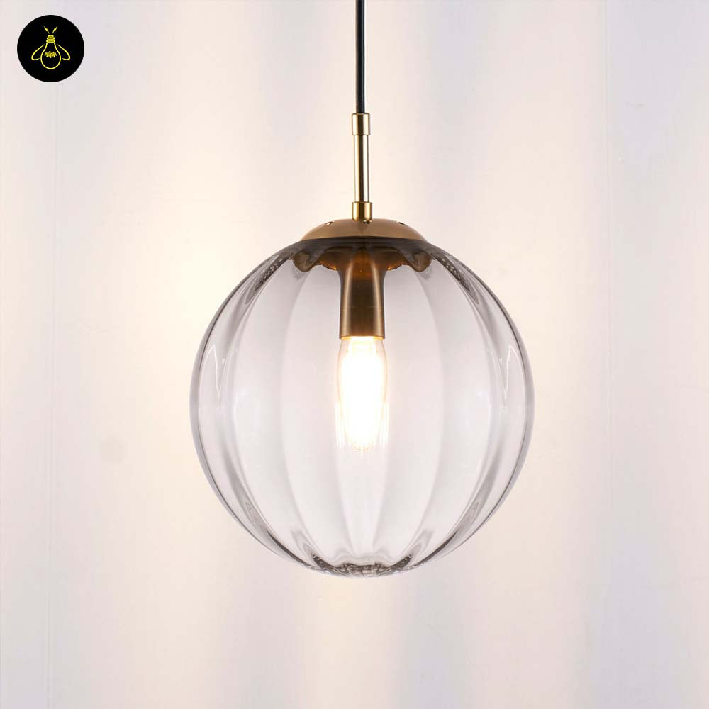 Glass Suspension Ball Pendant – Ribbed Smoked Finish | Decorative Pendant for Living & Dining Rooms | Jagmag Lights