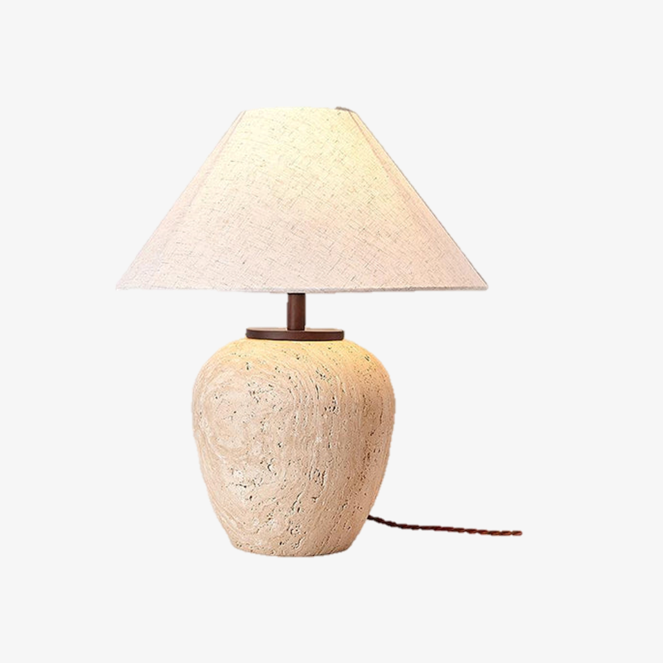 Aoji Travertine Table Lamp - Hand-Polished Stone with Fabric Shade, 48cm, for Modern Decor