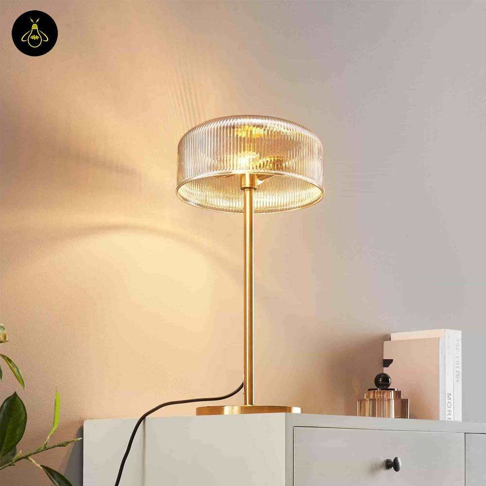 Brass and Ribbed Amber Glass Table Lamp – Vintage Design | Vintage Table Lamp for Living Room, Bedroom | Jagmag Lights