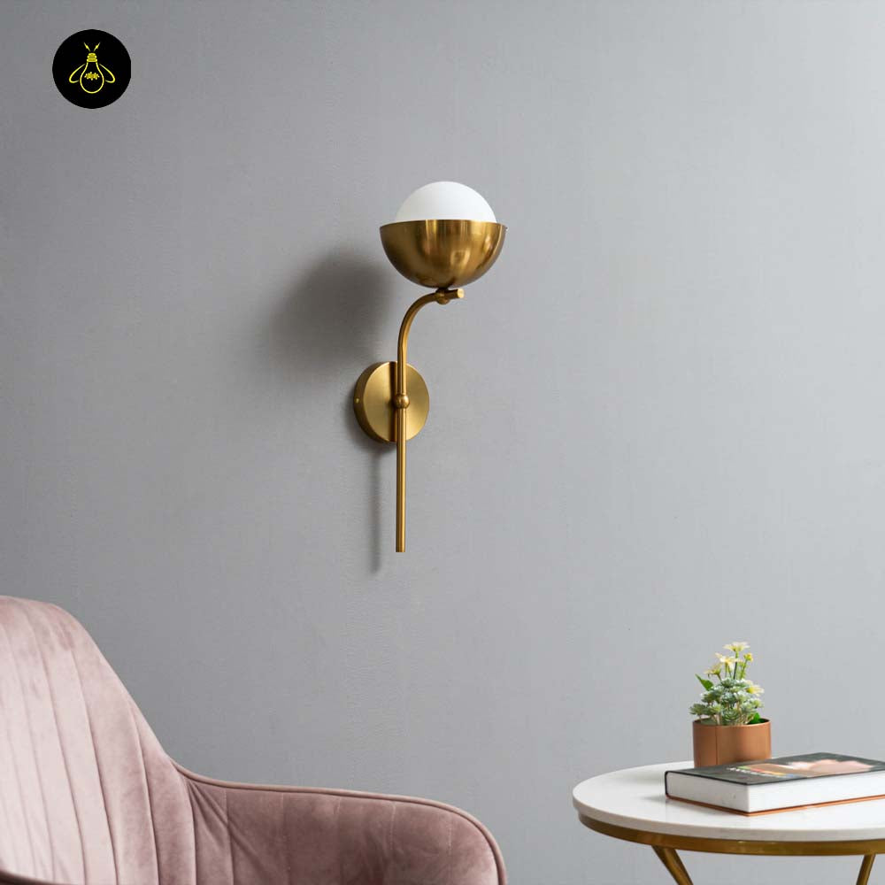 Brass & Glass Wall Lamp – Vintage Spherical Opal Finish | Wall Lighting for Living, Bedroom, Corridor | Jagmag Lights