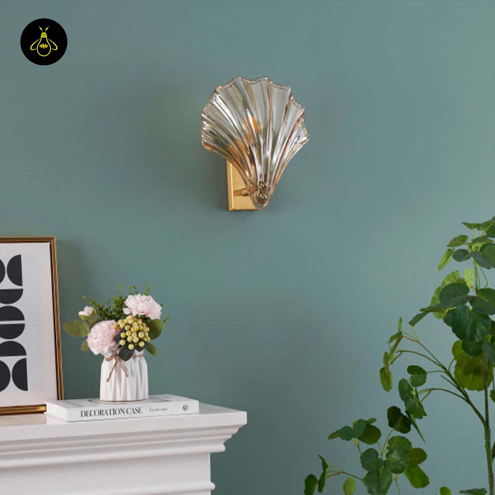 Stainless Steel & Glass Wall Lamp – Gold Shell Design | Decorative Wall Light for Living Room, Hallways | Jagmag Lights