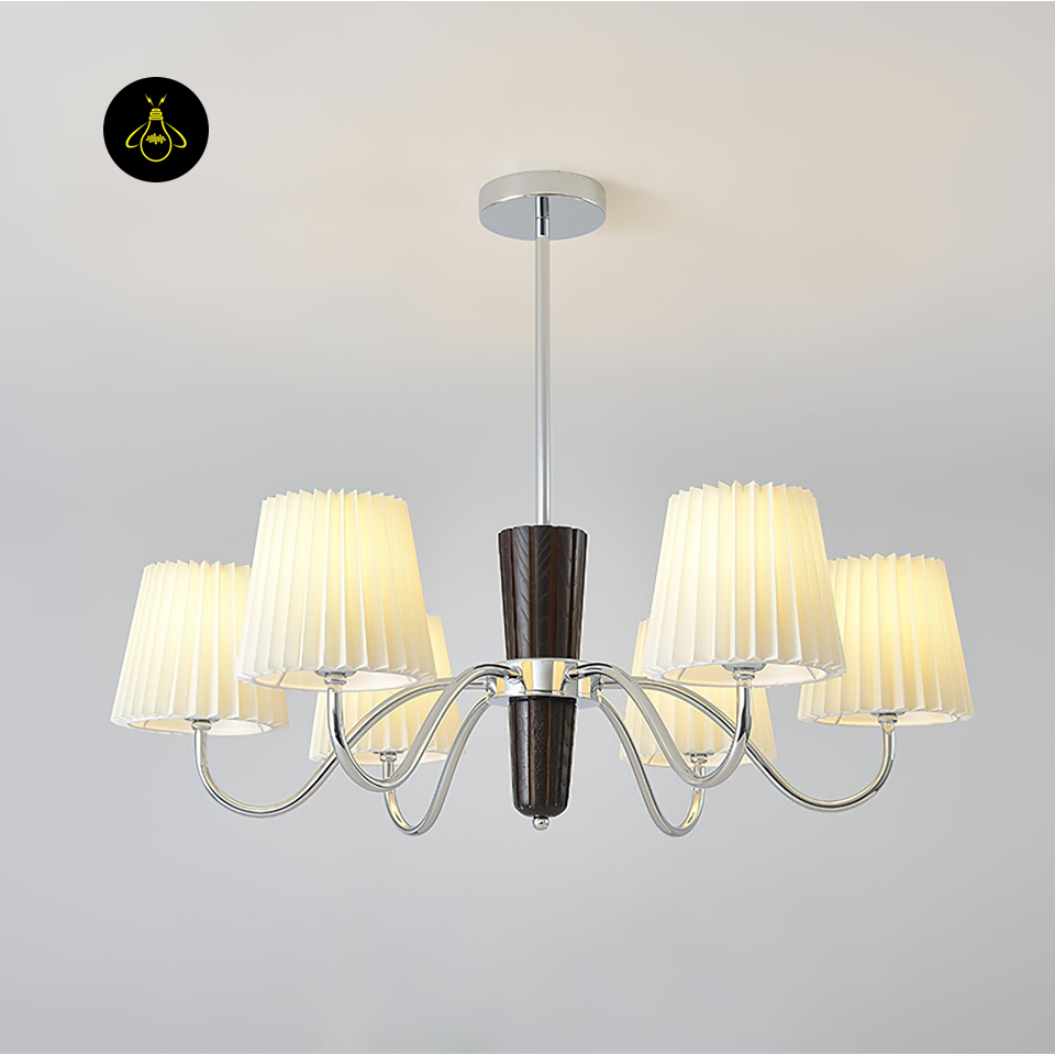 Shadalia Chandelier with White Fabric Shades | Walnut & Chrome Finish | Jagmag Lights