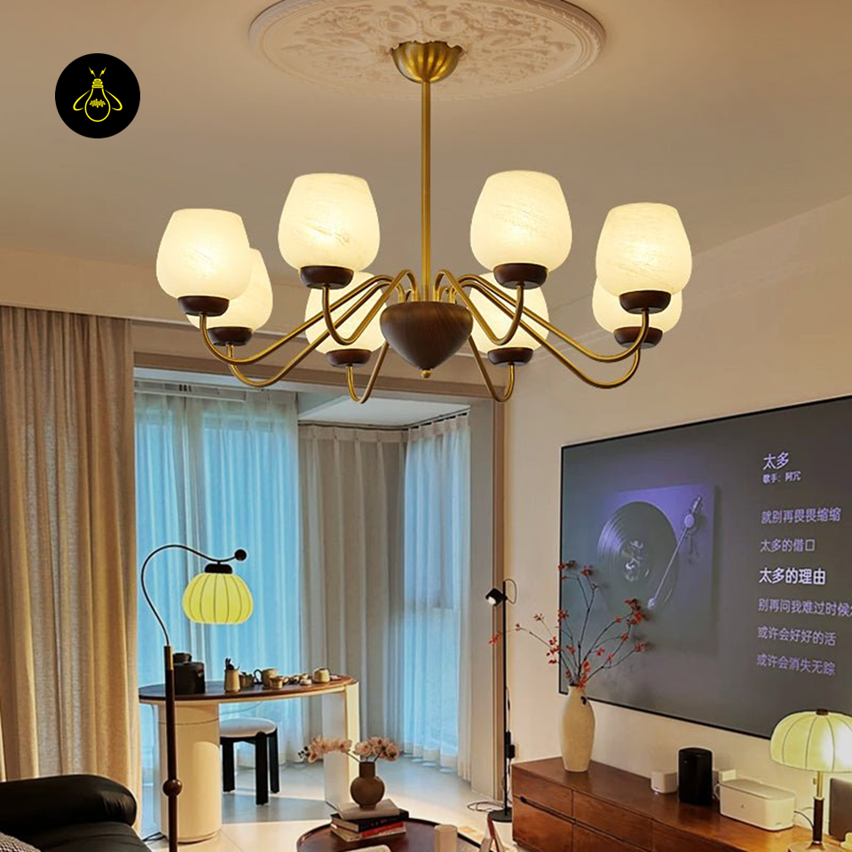 Aurorium Hallway Chandelier with Globe Glass Shades | Gold & Walnut Finish | Jagmag Lights