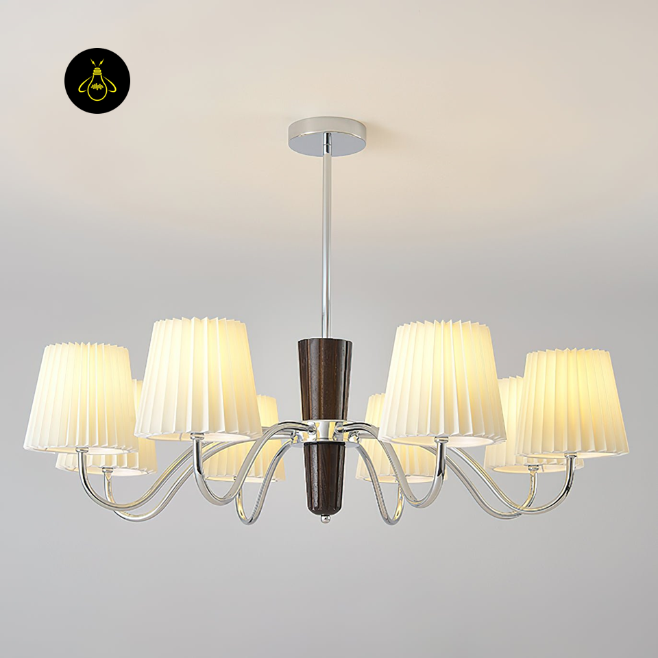 Shadalia Chandelier with White Fabric Shades | Walnut & Chrome Finish | Jagmag Lights