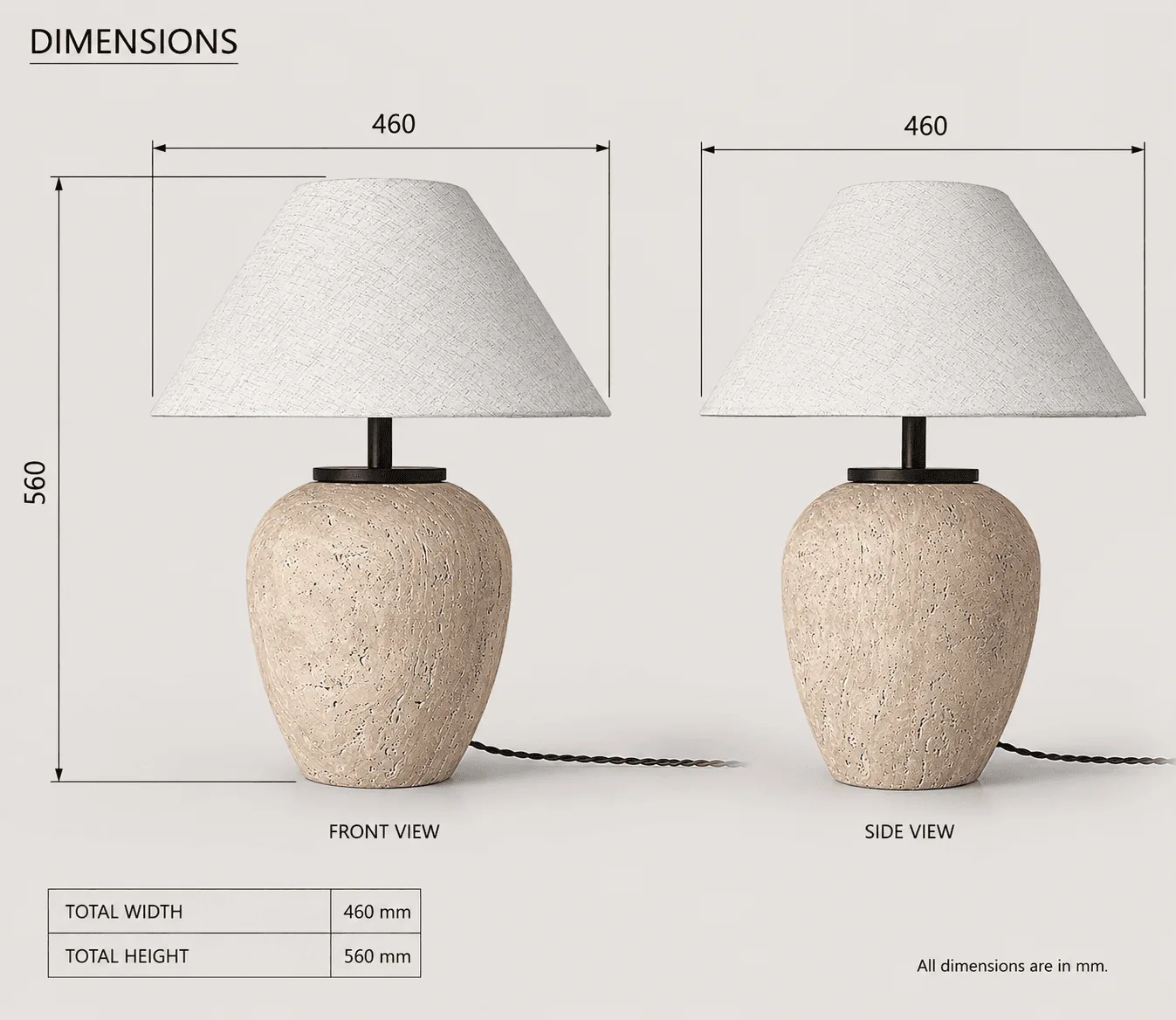 Travertine Finish Table Lamp with Fabric Shade – Hand-Polished Coating on Ceramic, 56 cm 8 Travertine Finish Table Lamp with Fabric Shade – Hand-Polished Coating on Ceramic, 56 cm dimension diagram