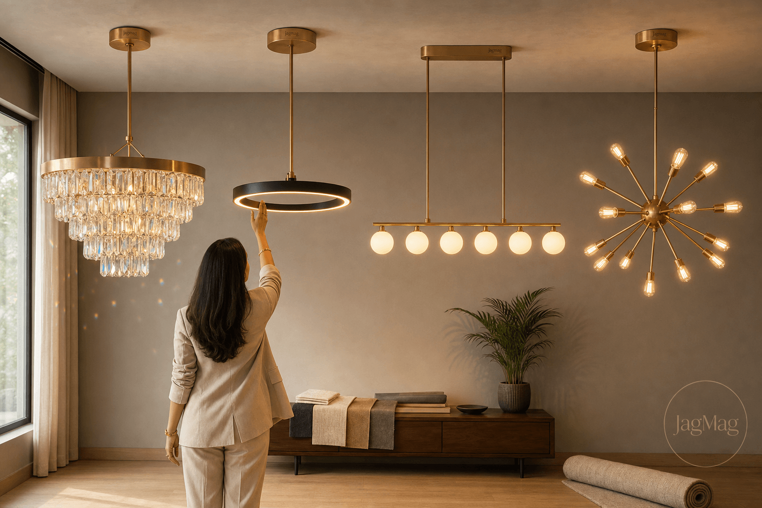 Different types of chandeliers compared in a showroom - crystal, ring, linear and sputnik styles