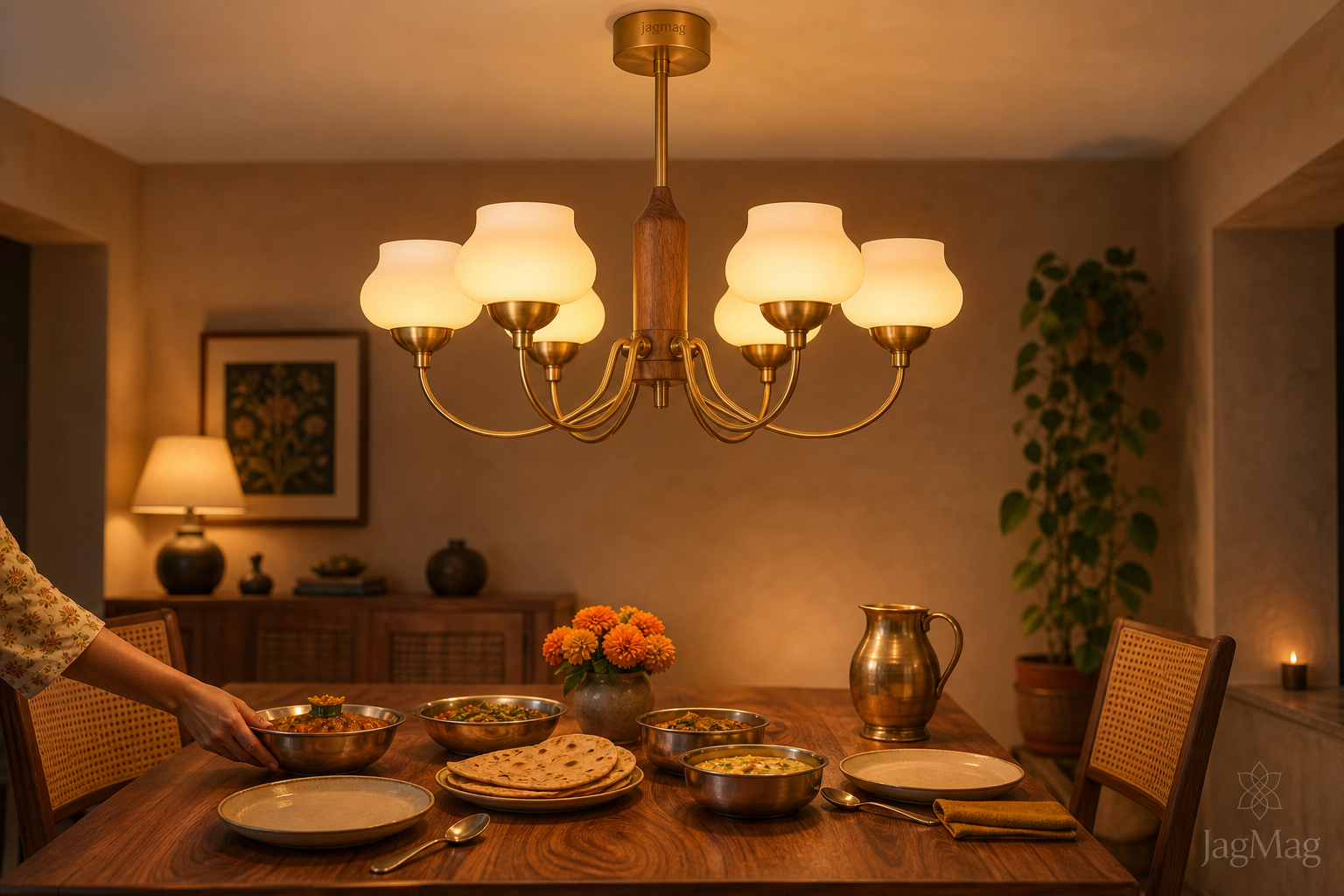 How to Choose the Perfect Dining Room Chandelier (Size, Height & Light) 2 Warm wood and brass dining room chandelier glowing over an Indian dinner table