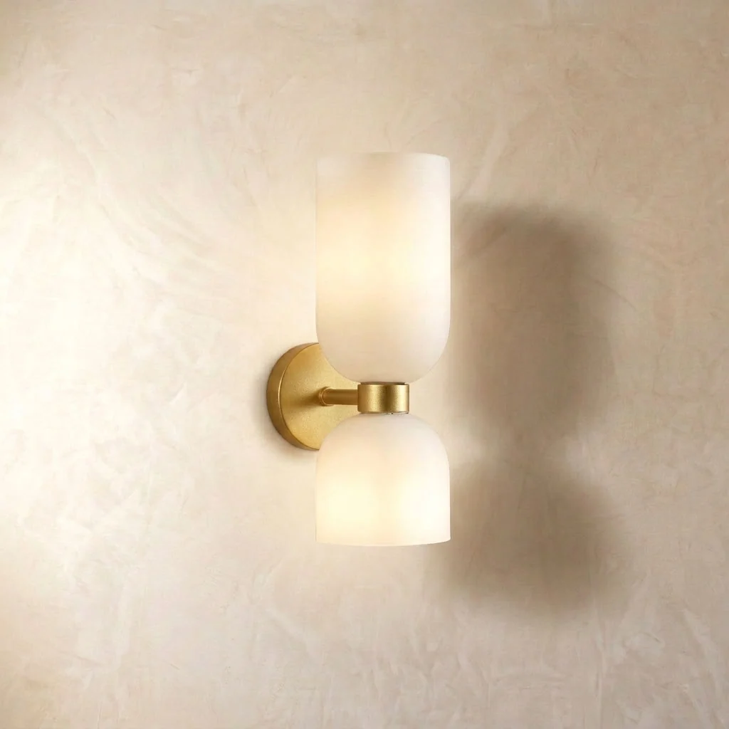 Modern Brass Wall Sconce – Opal Glass Up & Down Light, 35 cm