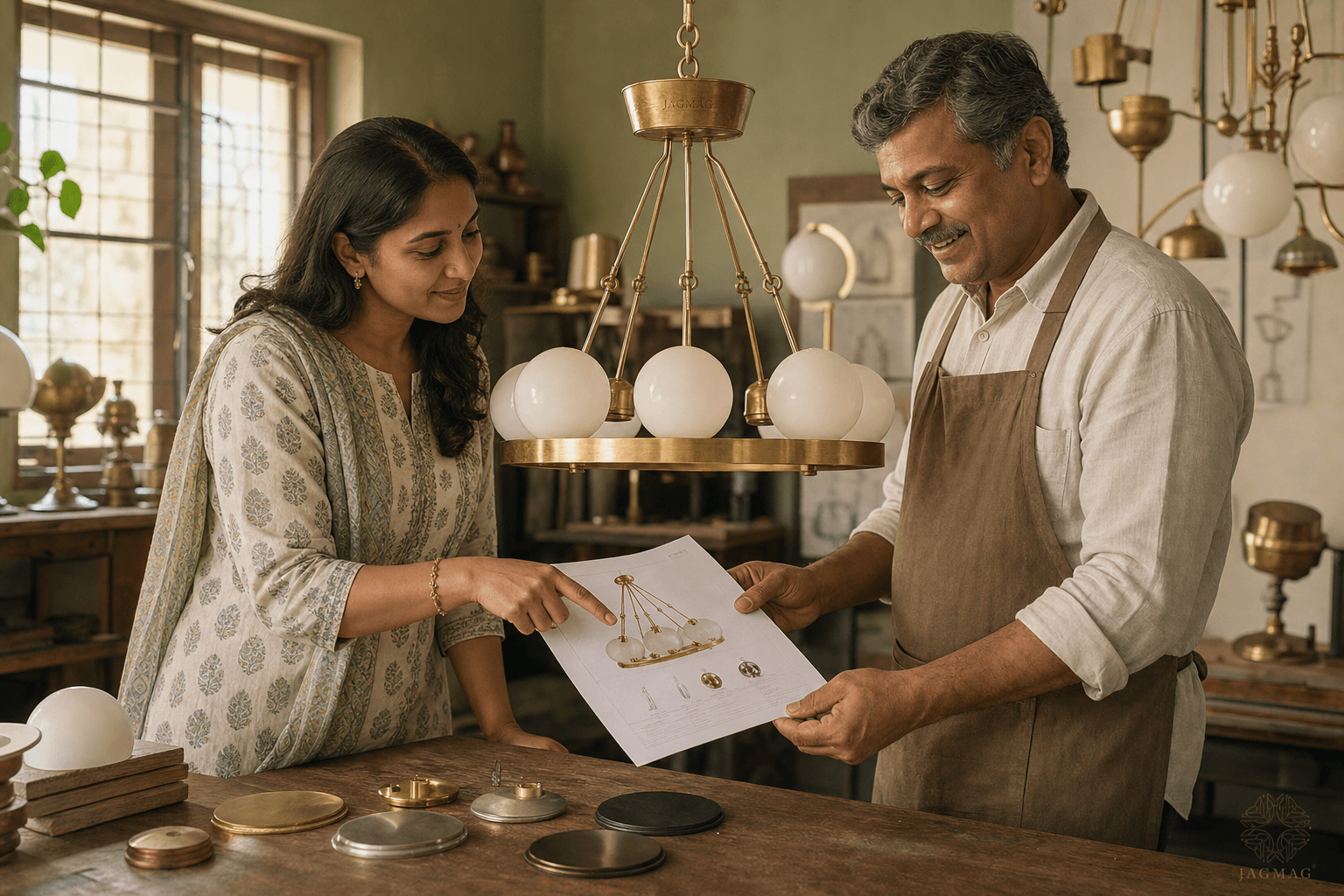 Choosing a lighting supplier in India buyer and craftsman reviewing a chandelier in an in-house manufacturing workshop