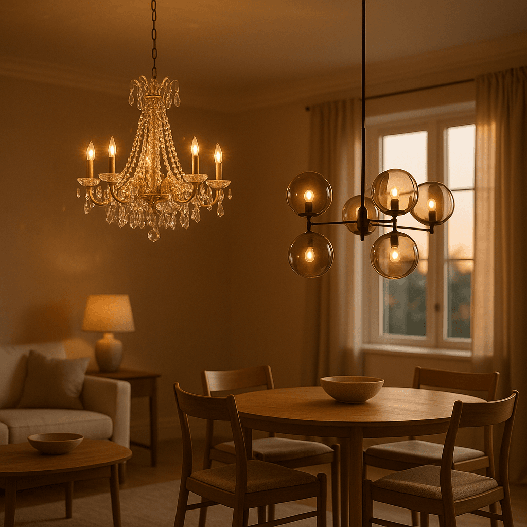 Crystal vs glass chandelier glowing in an elegant home interior