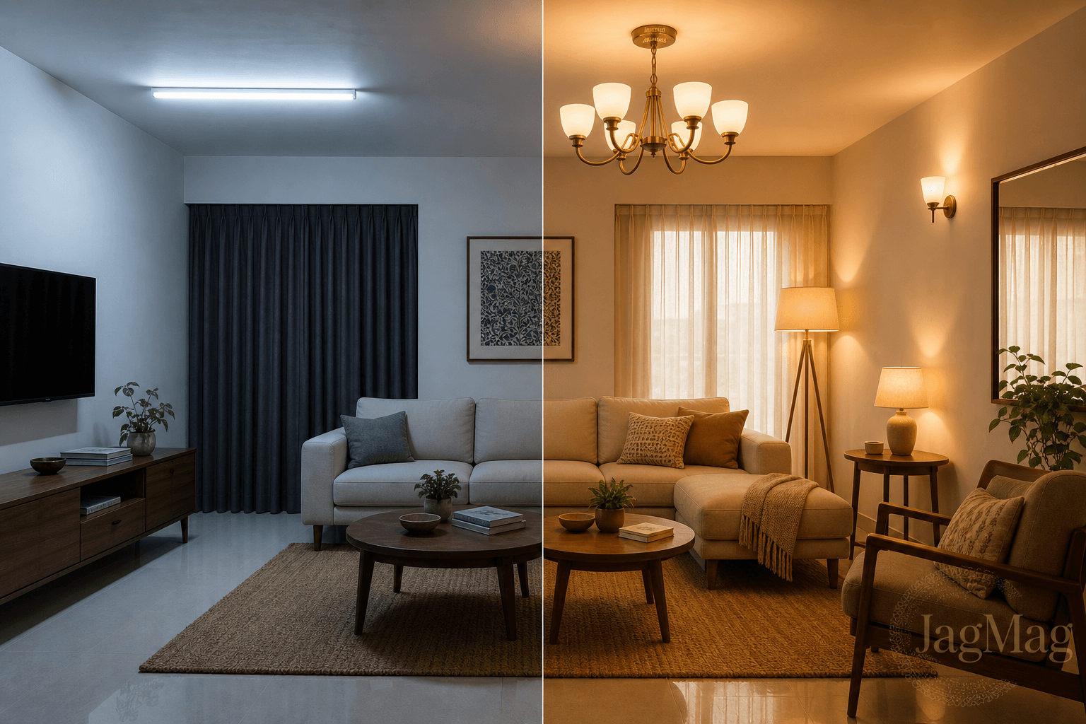Lighting mistakes shown side by side: a cold single tubelight room versus a cosy layered golden glow