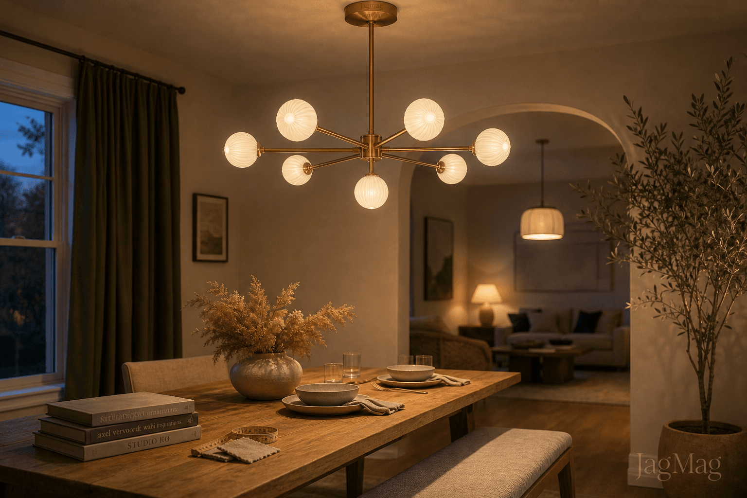 Chandelier buying guide — warm brass globe chandelier glowing over an oak dining table at dusk