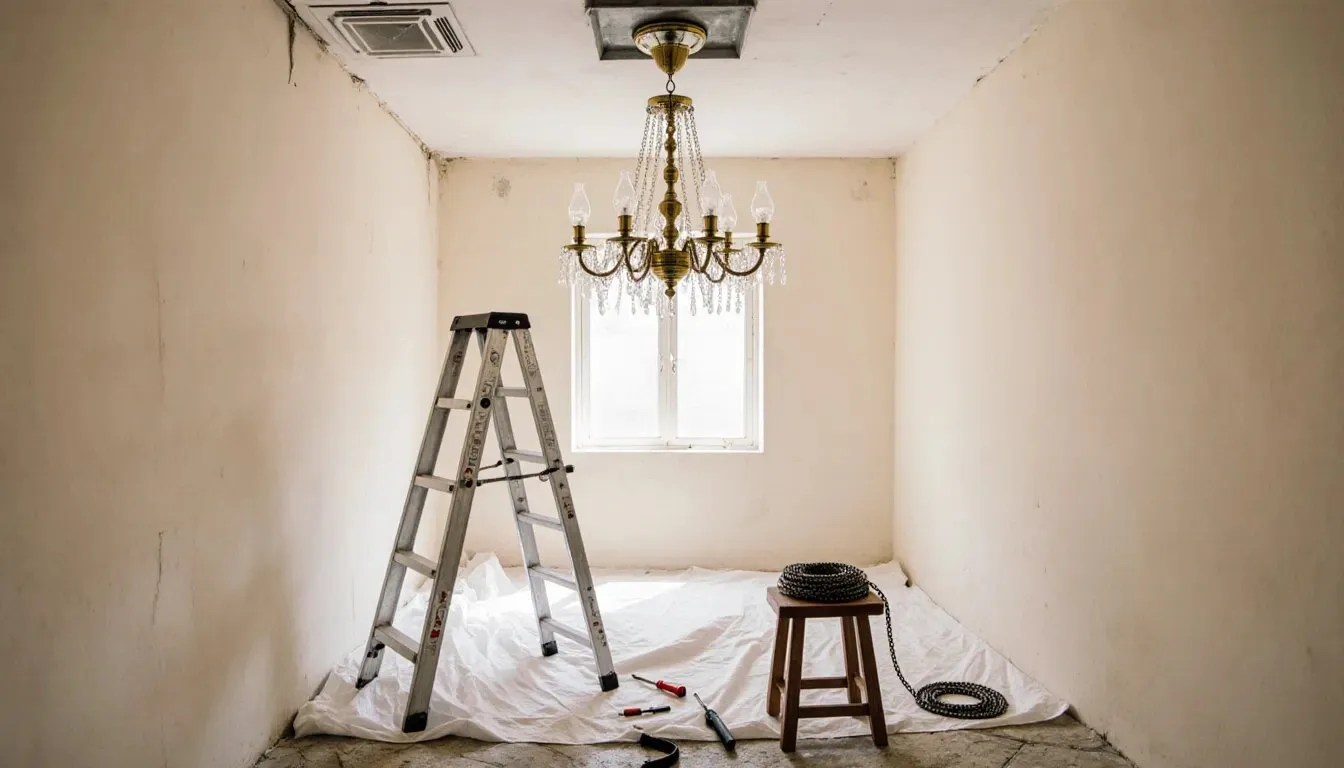 How to hang a chandelier: a brass and crystal chandelier fixed at the ceiling point, with a step ladder, dust sheet, screwdrivers and spare chain laid out below