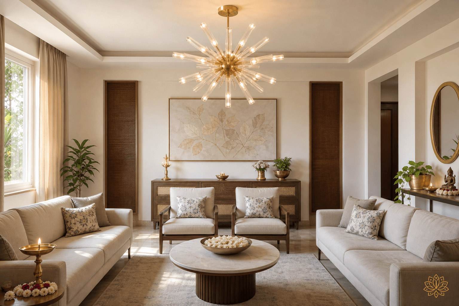 Vastu for chandelier a centred brass sputnik chandelier in a balanced bright living room with a brass diya