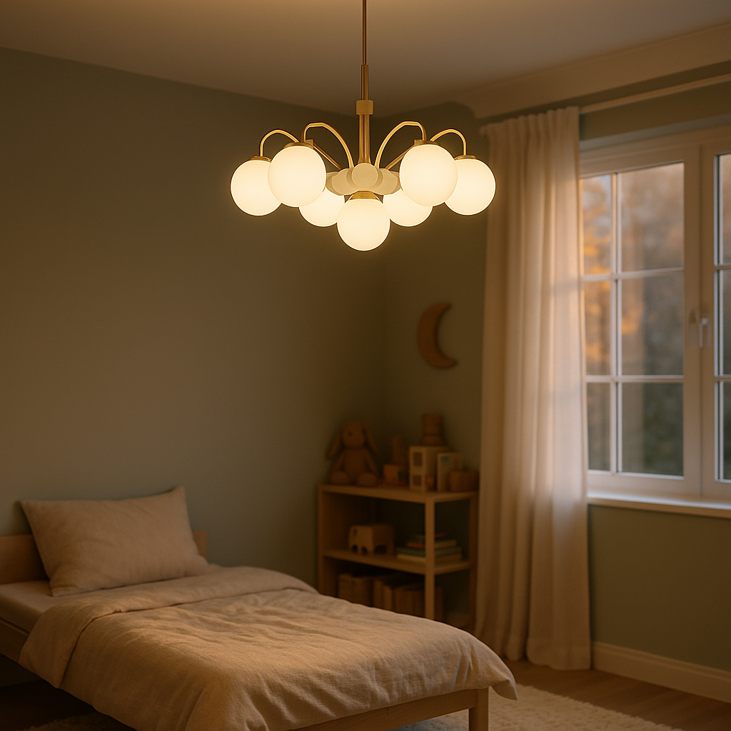 Kid-friendly chandelier with soft rounded white-ceramic globes glowing warm in a calm child's bedroom
