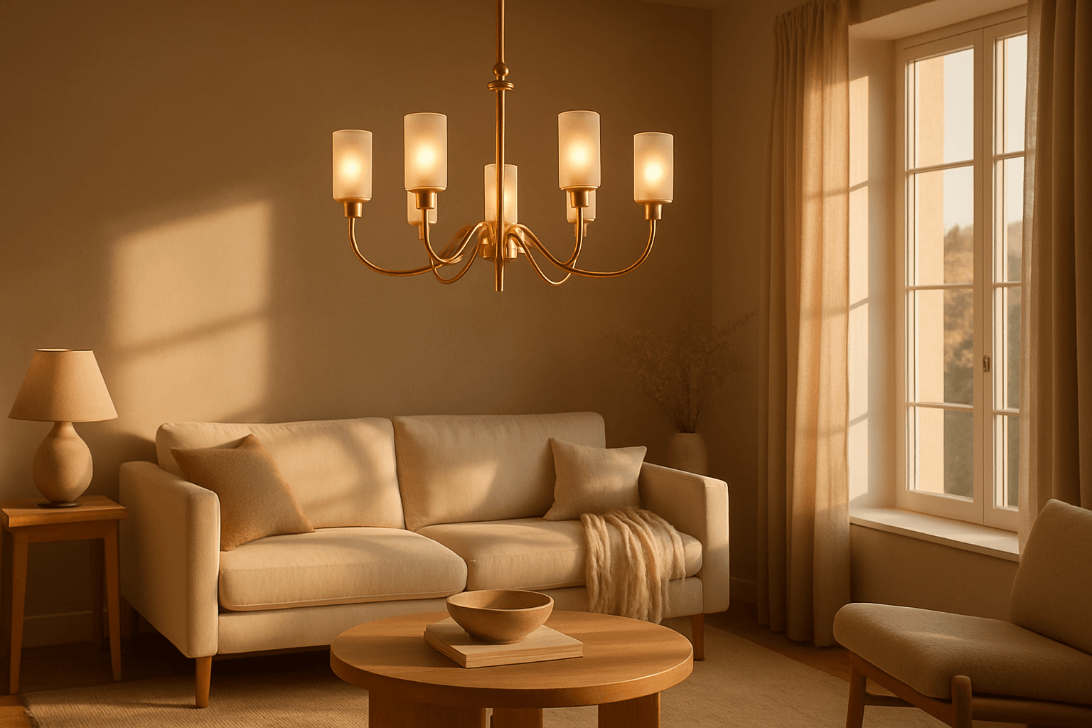 gold brass chandelier colour in a calm neutral living room