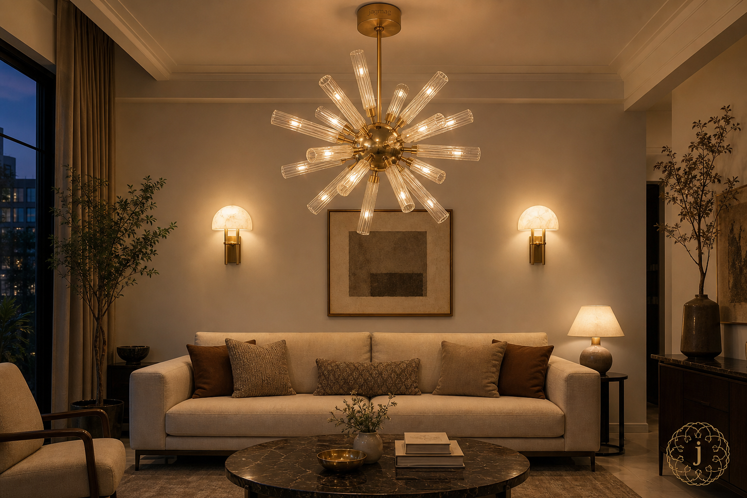 Matching Wall Lights and Chandeliers: How to Make a Room Glow as One 1 Matching wall lights and chandeliers a brass sputnik chandelier paired with two alabaster dome brass wall sconces