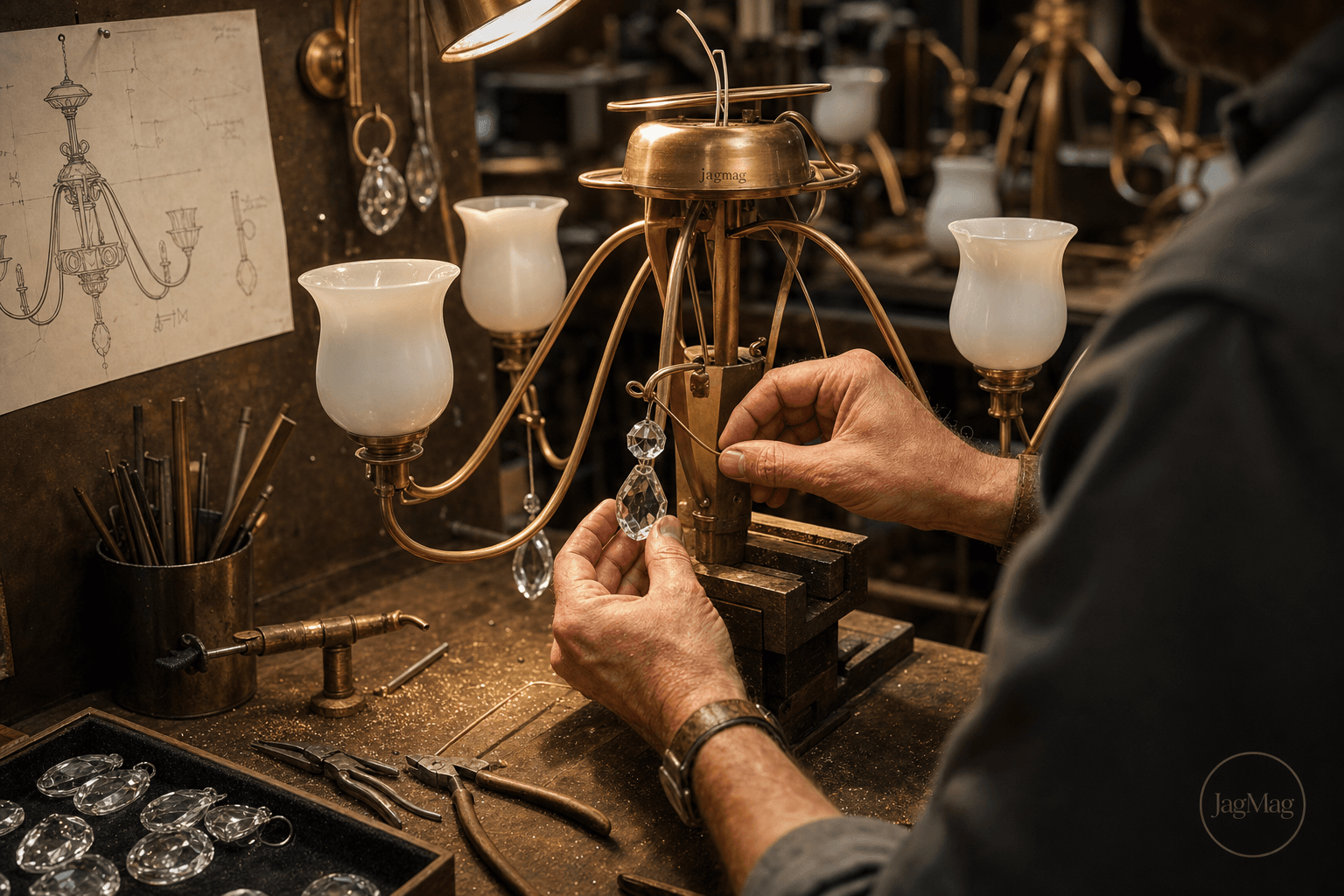 Artisan hand assembling a custom brass chandelier with crystals in the JagMag workshop