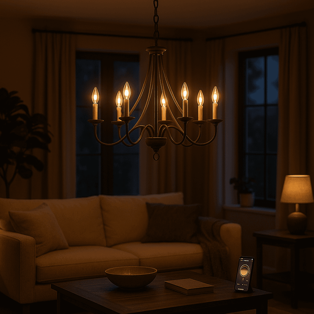 Chandelier fitted with smart bulbs in a stylish living room