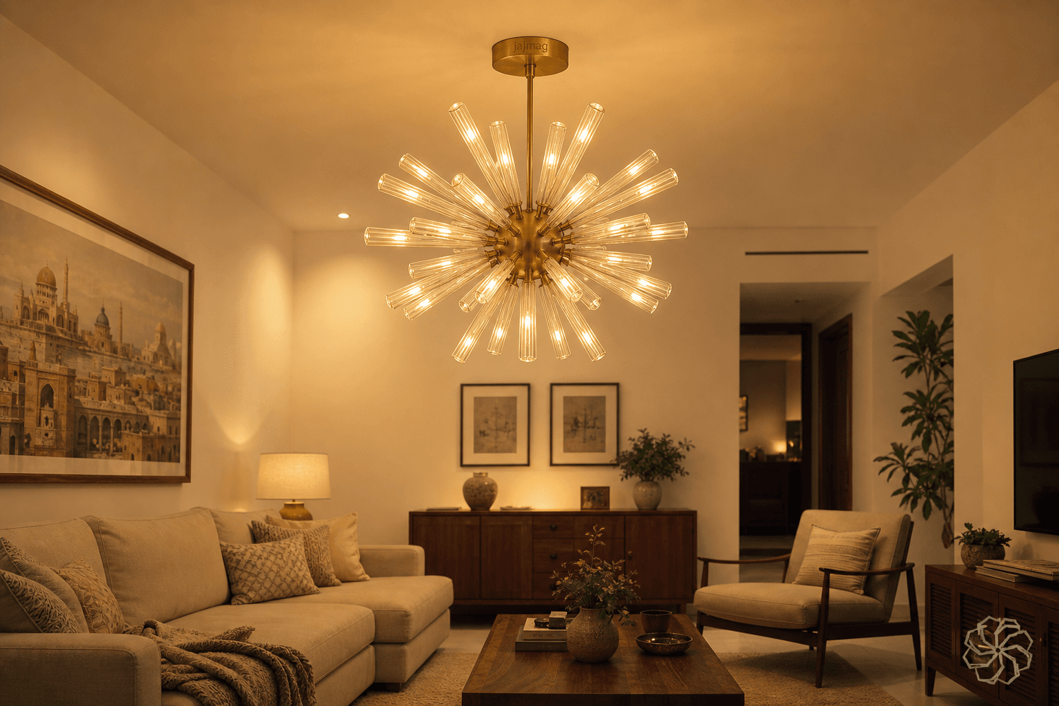 Chandelier brightness a gold sputnik fluted glass chandelier lighting a whole living room with a golden glow