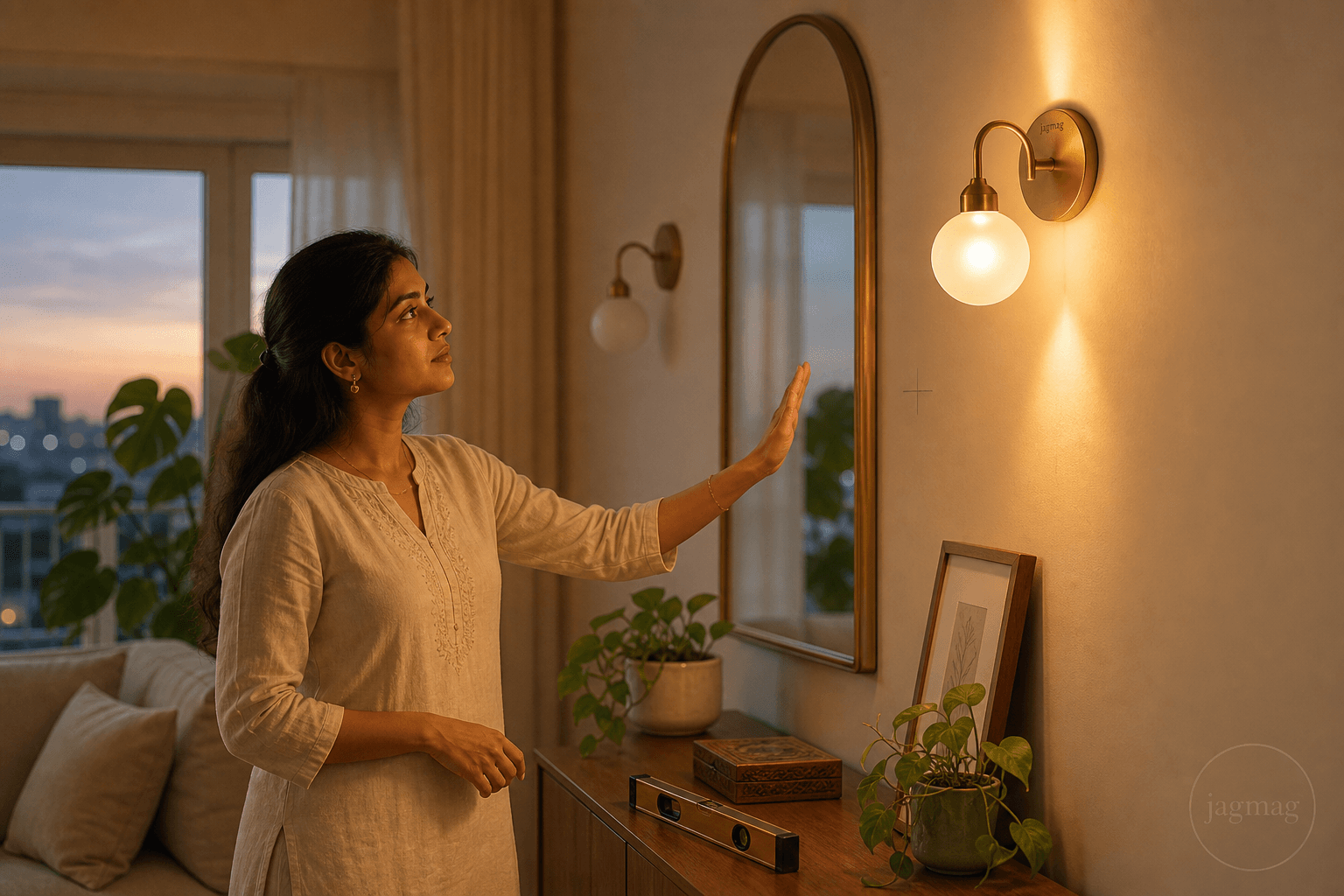 How to choose wall lights: a brass globe wall sconce glowing in an Indian living room